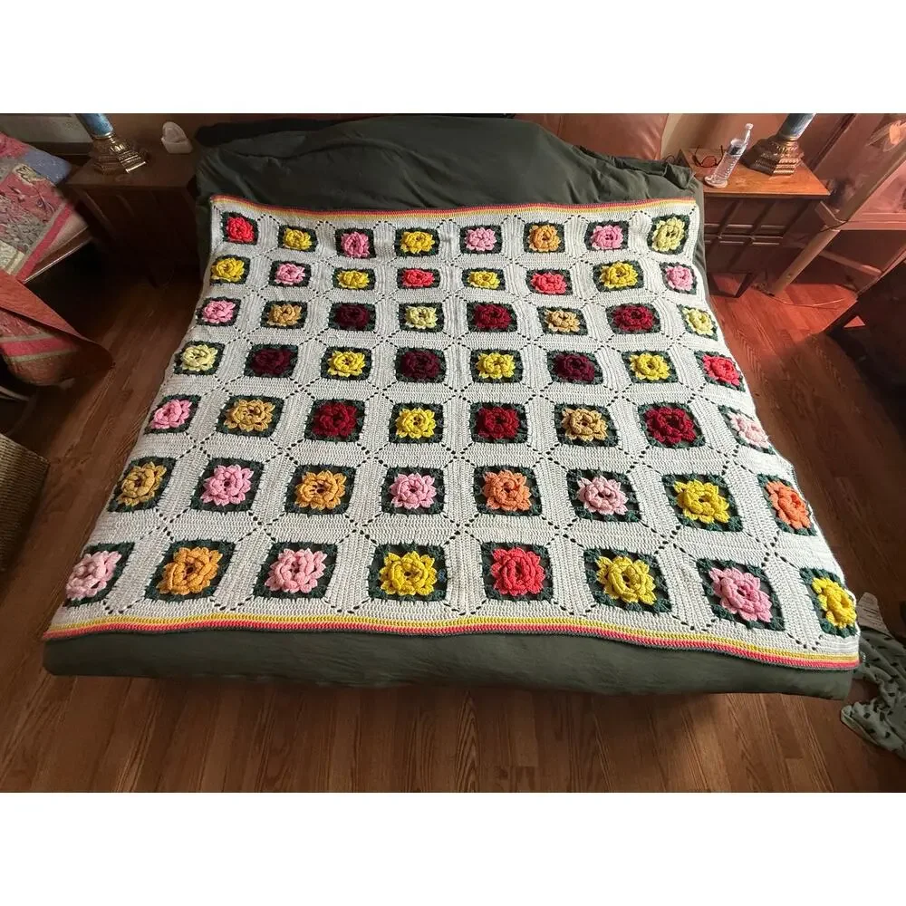 Vintage Granny 3D Rose Square Crochet Afghan Blanket Multi Color Handmade Flower